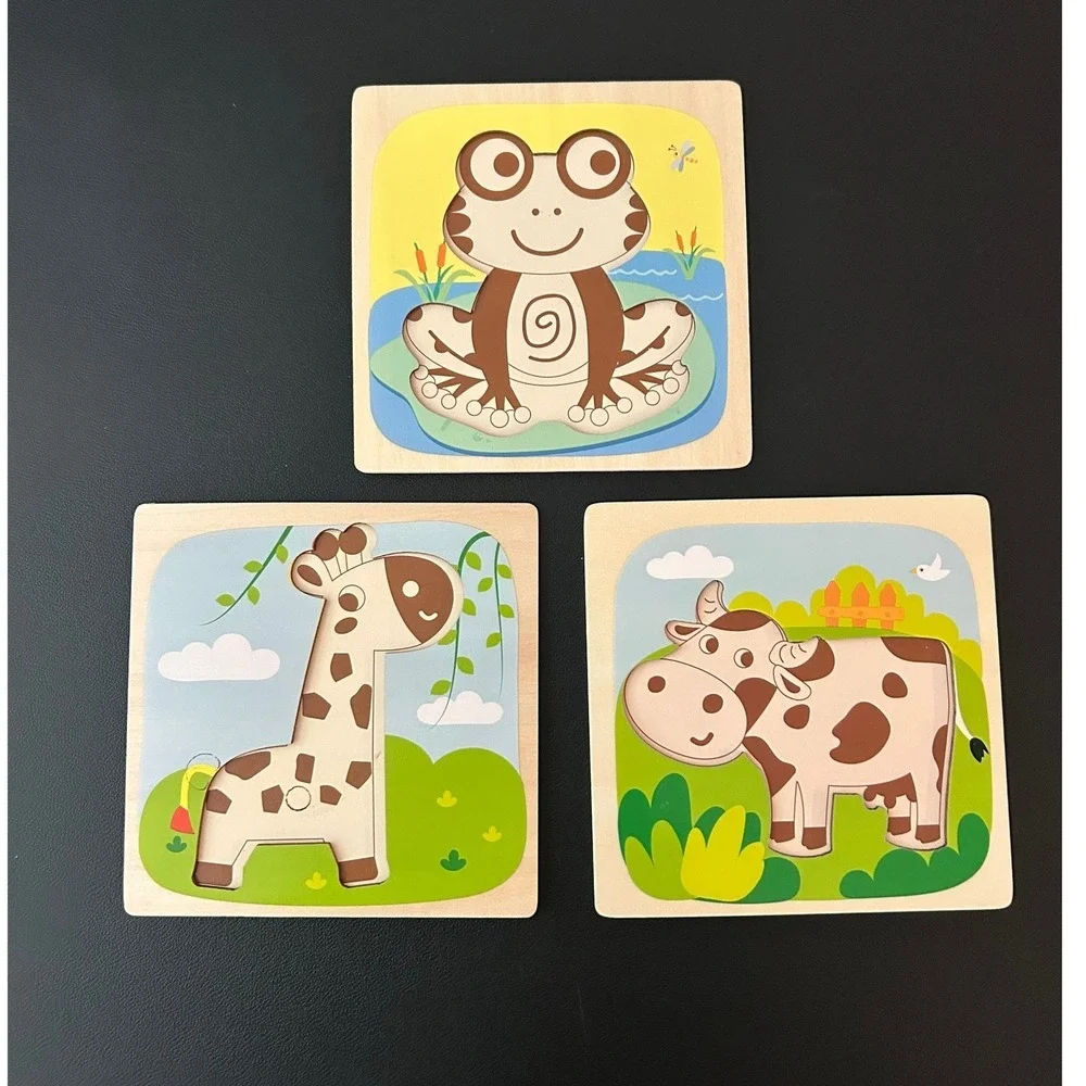 Toddler Wooden Chunky Puzzle Set Frog Giraffe Cow 3 Pack Educational Toys